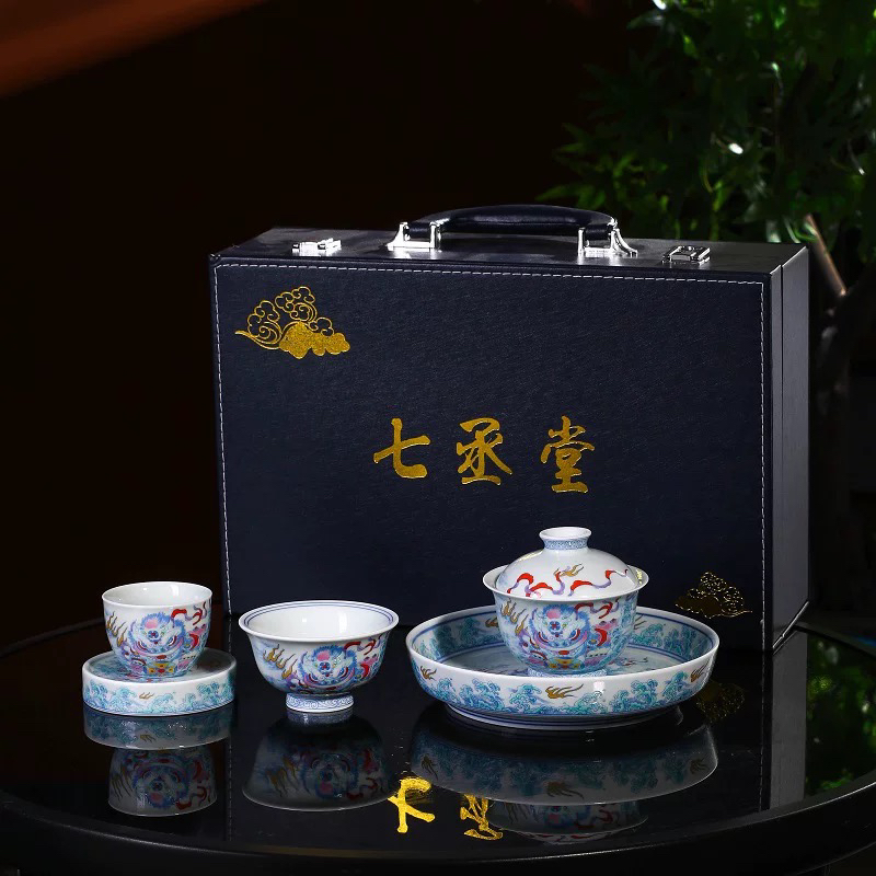 景德镇陶瓷斗彩醒狮盖碗壶承压手杯盖置狮子滚绣球套装手工茶具