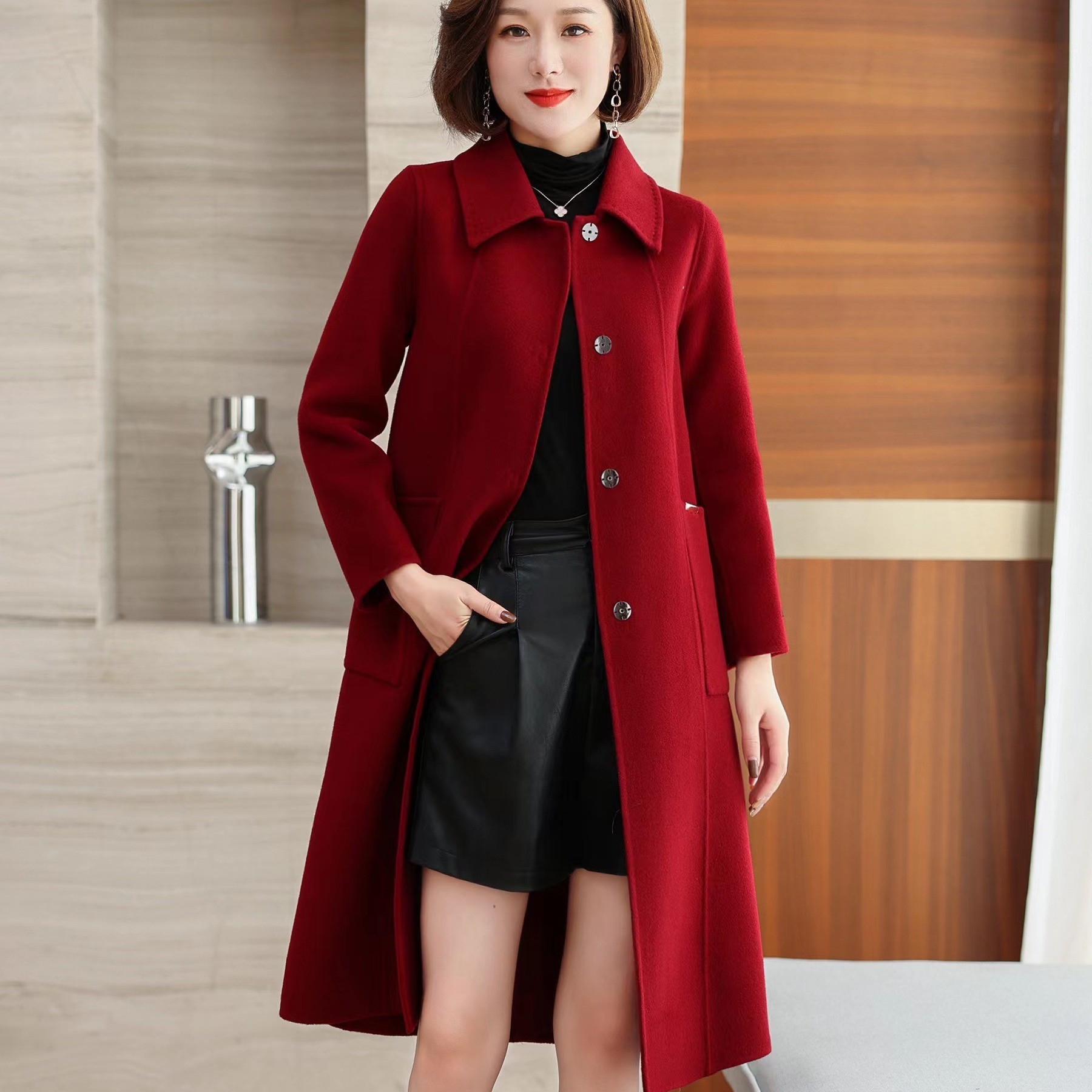 ziyang/孜洋秋冬新款百分百双面绵羊毛大衣高端显瘦气质百搭P915