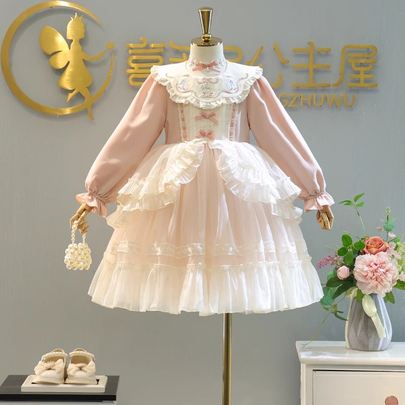 秋冬加绒新款时髦女童小女孩洛丽塔公主裙儿童连衣裙春款花边纱裙