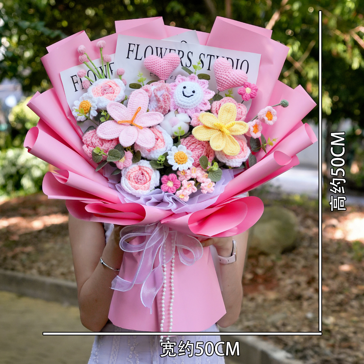 玫瑰向日葵郁金香混搭大手工针织花结婚闺蜜礼物毛线花束成品