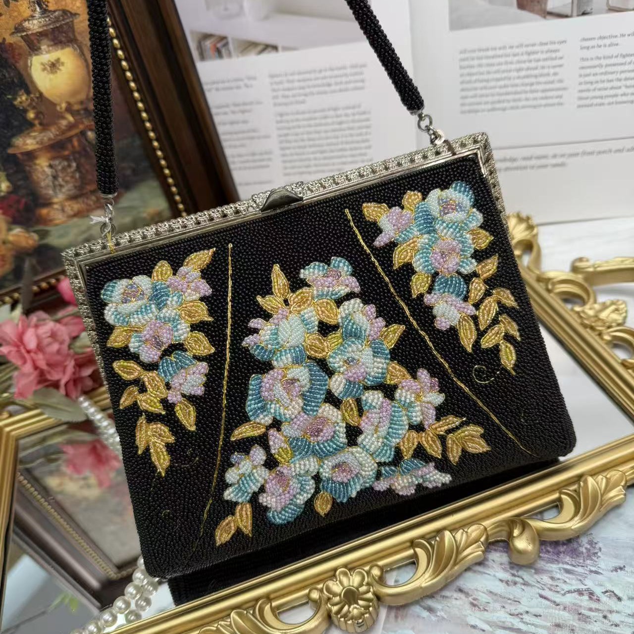 中古vintage珠绣手工包钉珠包时尚黑色口金手提绣花包手提包