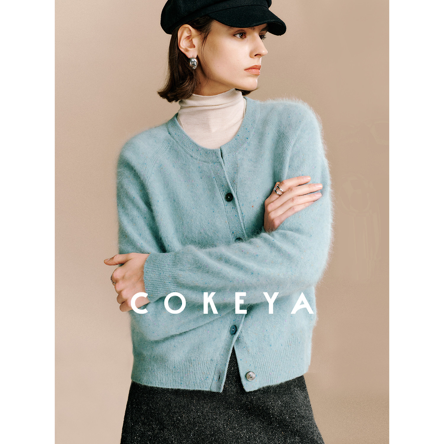 COKEYA/拉绒“彩点衫”~矿泉水拉绒无缝一体山羊绒圆领针织开衫女