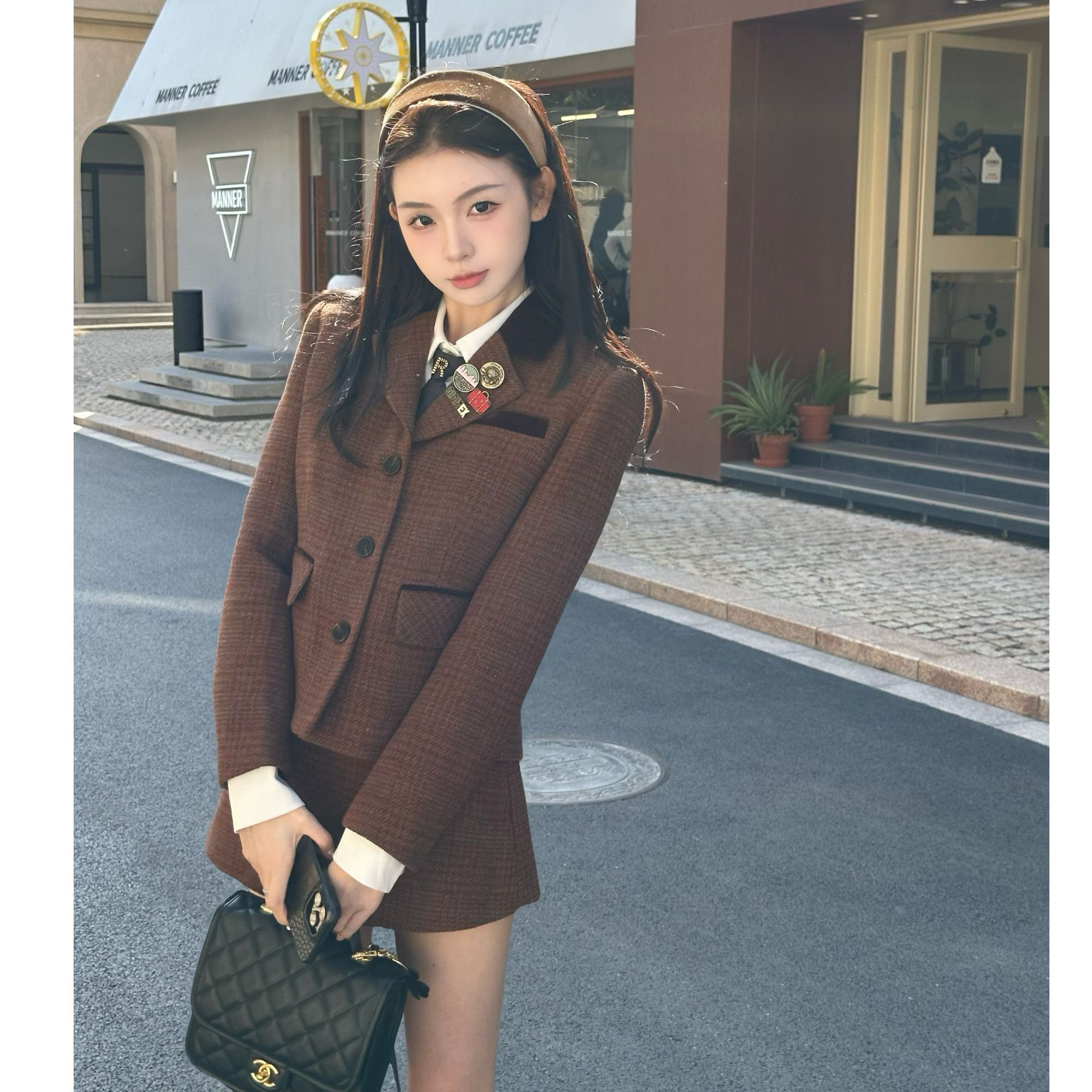 【冬装上新】冬季高级感英伦时尚西装领厚款正肩显瘦女套装