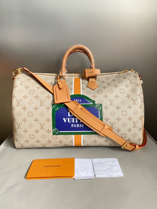 99新 LouisVuitton/路易威登 lv米色限量keepall45旅行袋hws128