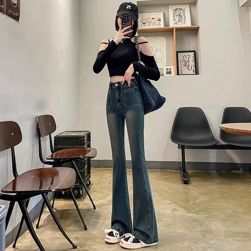 6609高腰喇叭裤秋冬装2024年新款显瘦百搭水泥灰小个子微喇牛仔裤