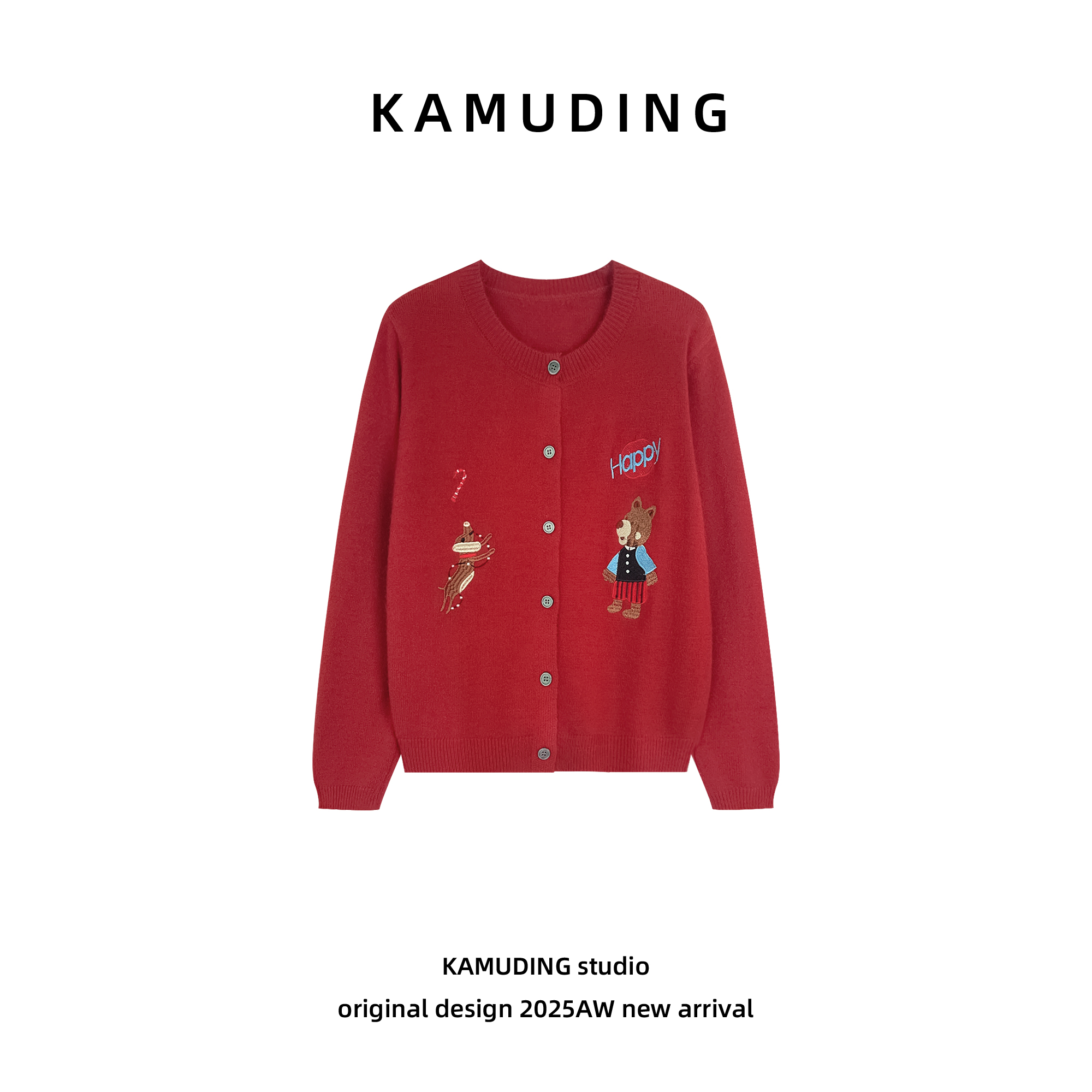 KAMUDING2025新款C20卡通刺绣针织开衫女秋冬复古红色毛衣25576
