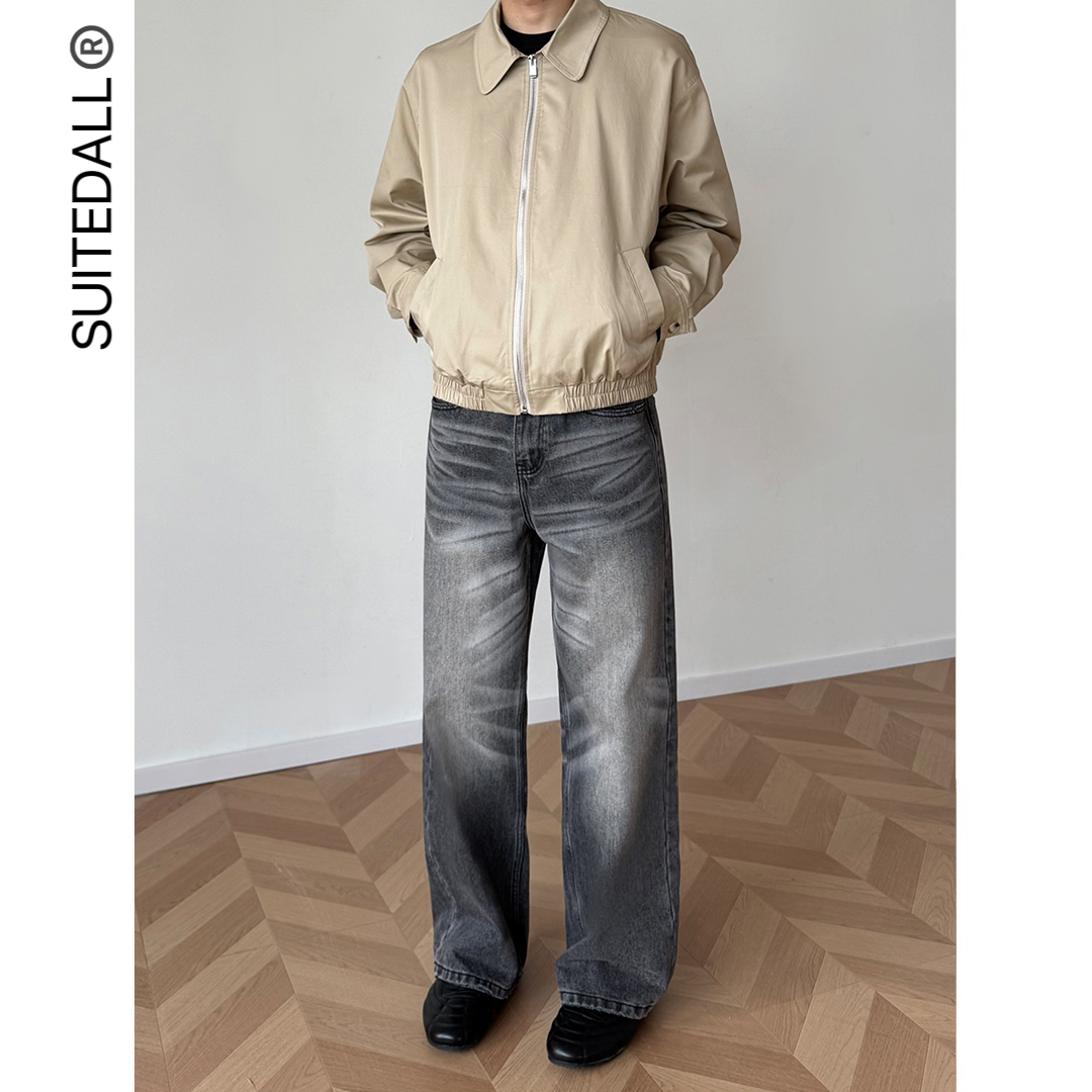 SUITEDALL"镭射猫须"13oz赛络纺直筒黑灰牛仔裤 休闲百搭宽松长裤