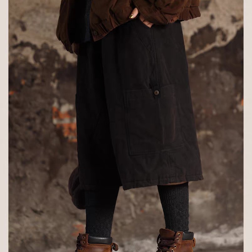 衣路走来原创设计秋冬棉麻混纺侧口袋松紧腰夹棉五分裤39198