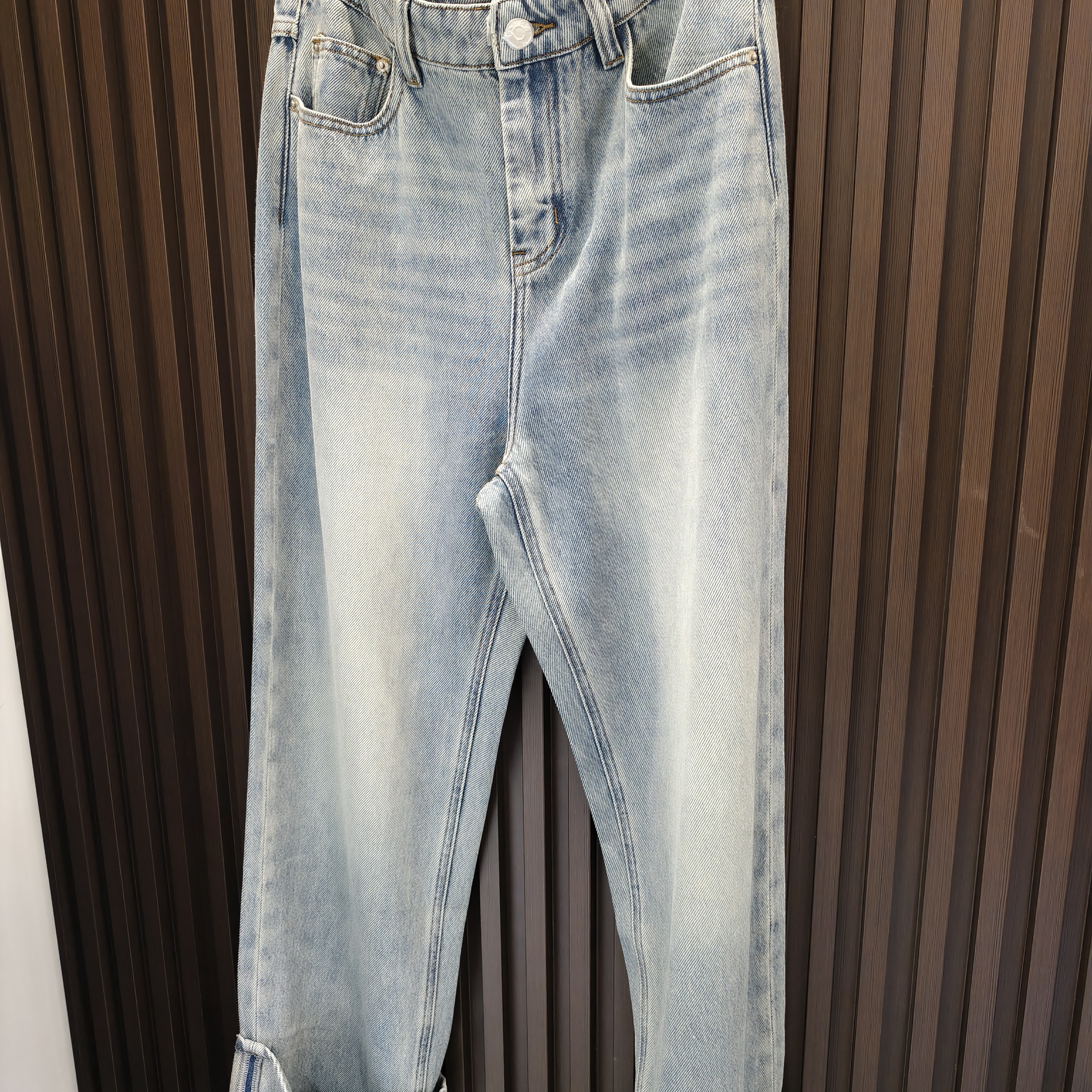 复古水洗沿边时尚夏季女士浅蓝色高腰显瘦牛仔裤