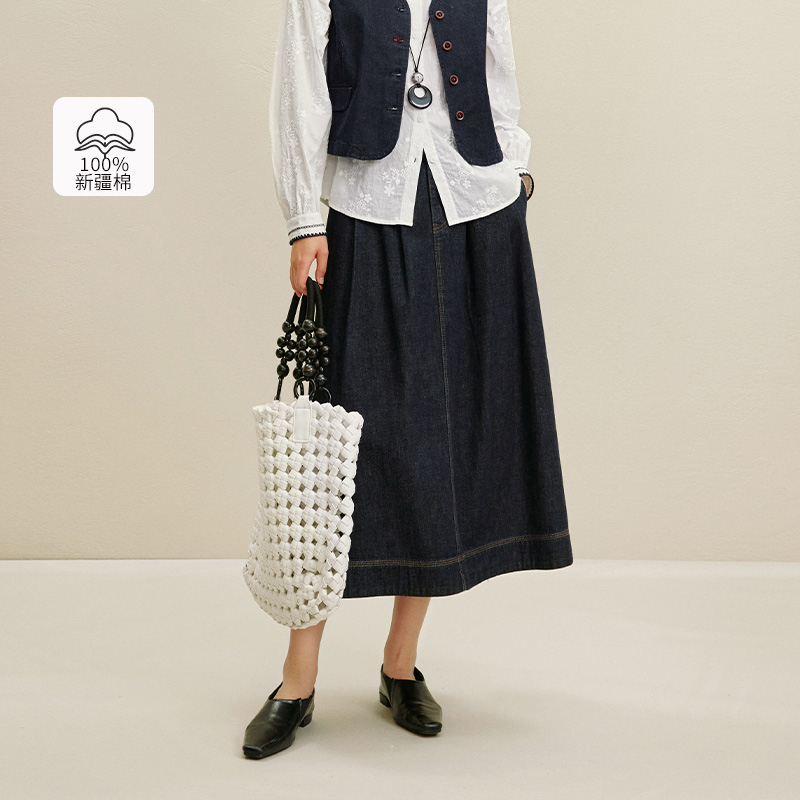 茵曼25秋季休闲百搭高腰牛仔半身裙显瘦宽松a字长裙半身裙秋冬