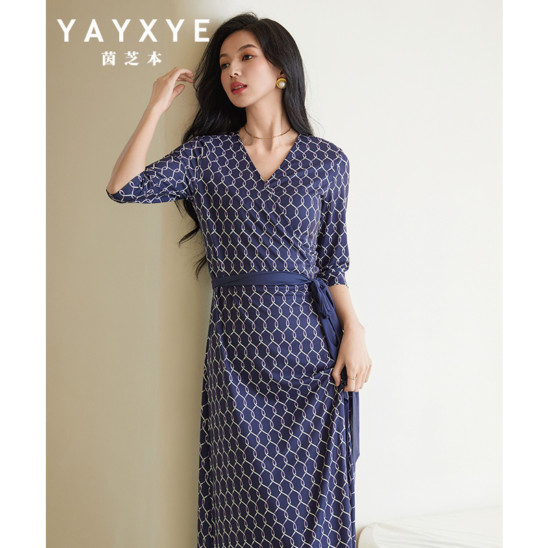 法国茵芝本INZB夏季新款弹力链条印花裹身裙显瘦一片式度假连衣裙