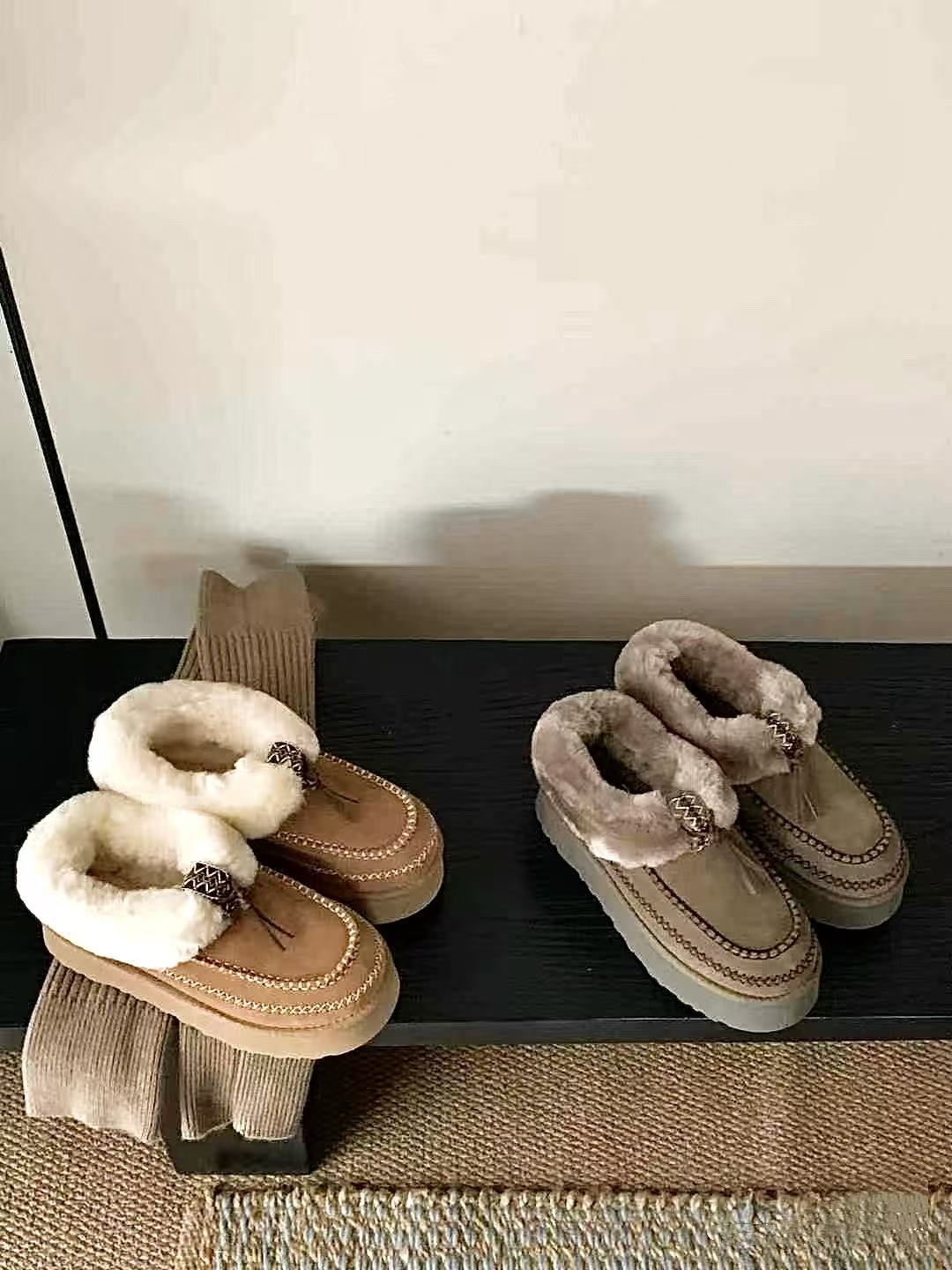 【阿尔派】雪地靴女短靴浅口皮毛一体民族风流苏懒人鞋一脚蹬