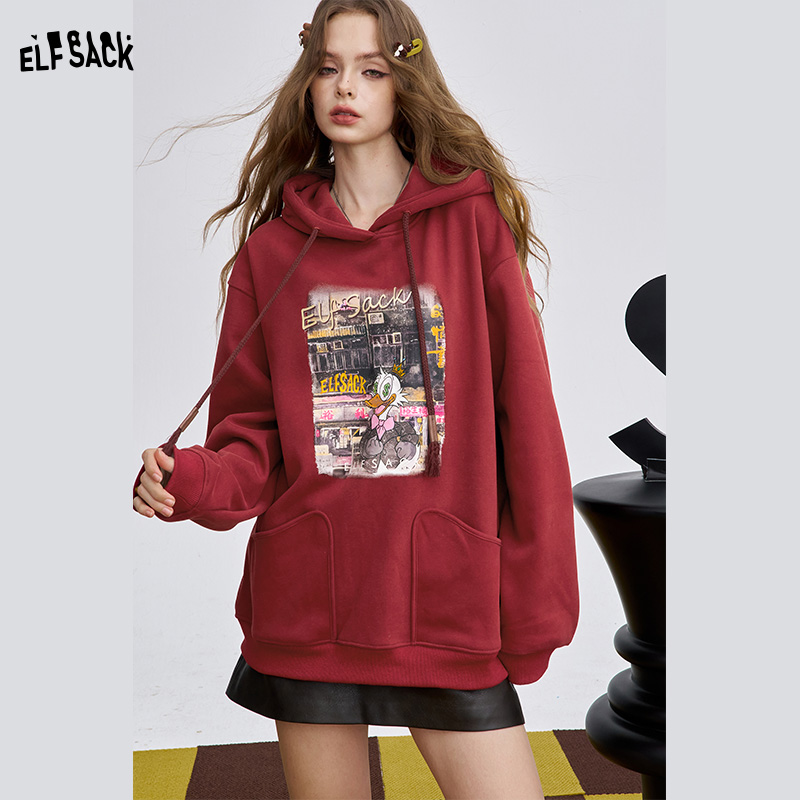 妖精的口袋复古美式印花加绒连帽卫衣2025秋冬慵懒风上衣25403013