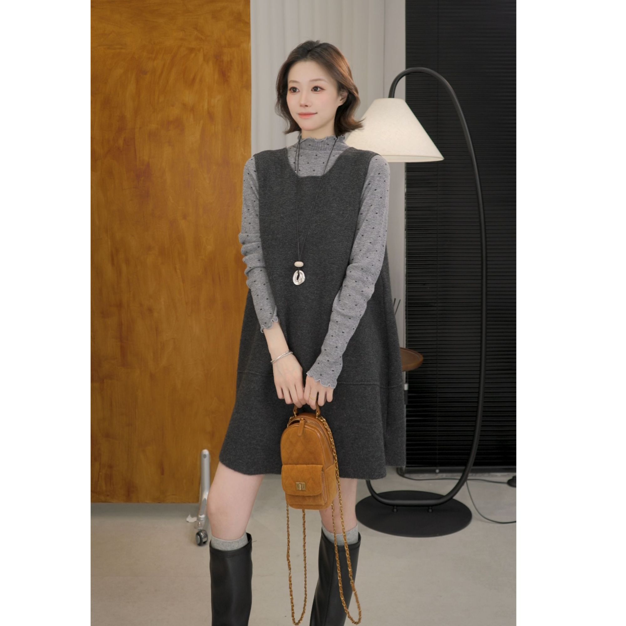 【EVA RYAN】秋季中长款显瘦小个子高级感无袖马甲裙女E367