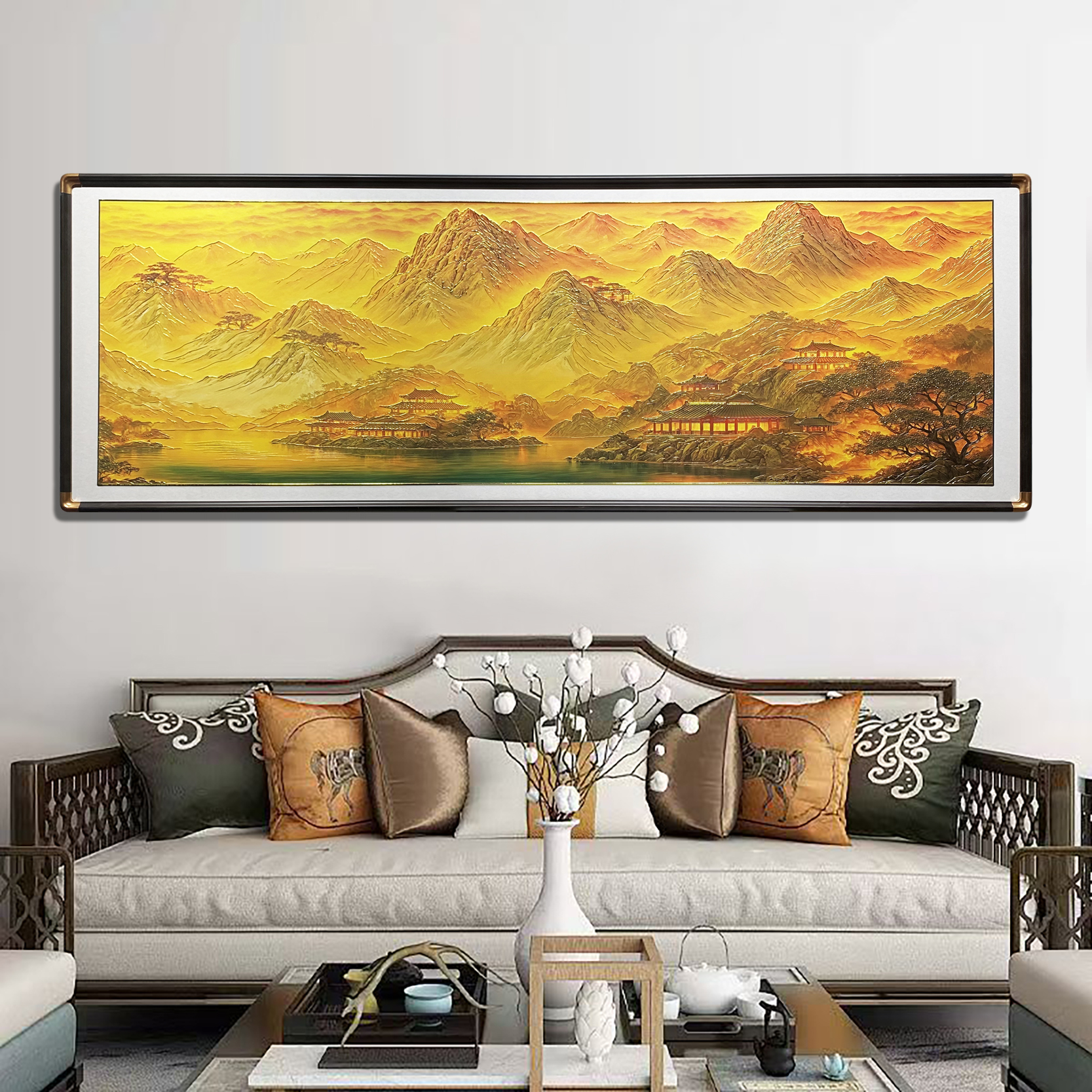 高端定制款新中式浮雕描金财满金山客厅办公室立体装饰画70200