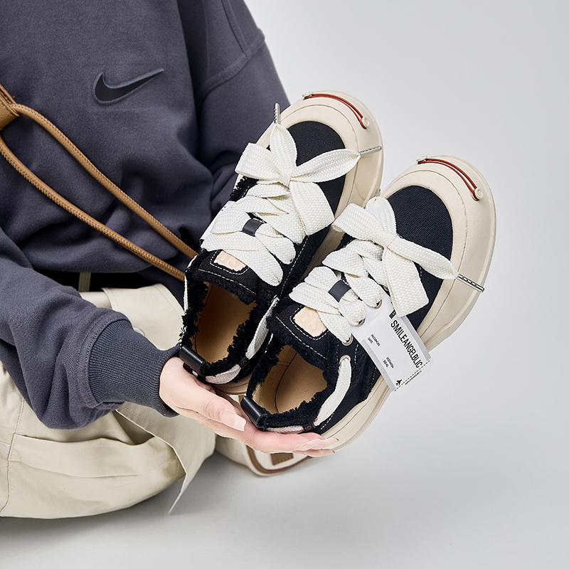 开口笑帆布男女情侣休闲厚底增高百搭黑色新款小众ins低帮