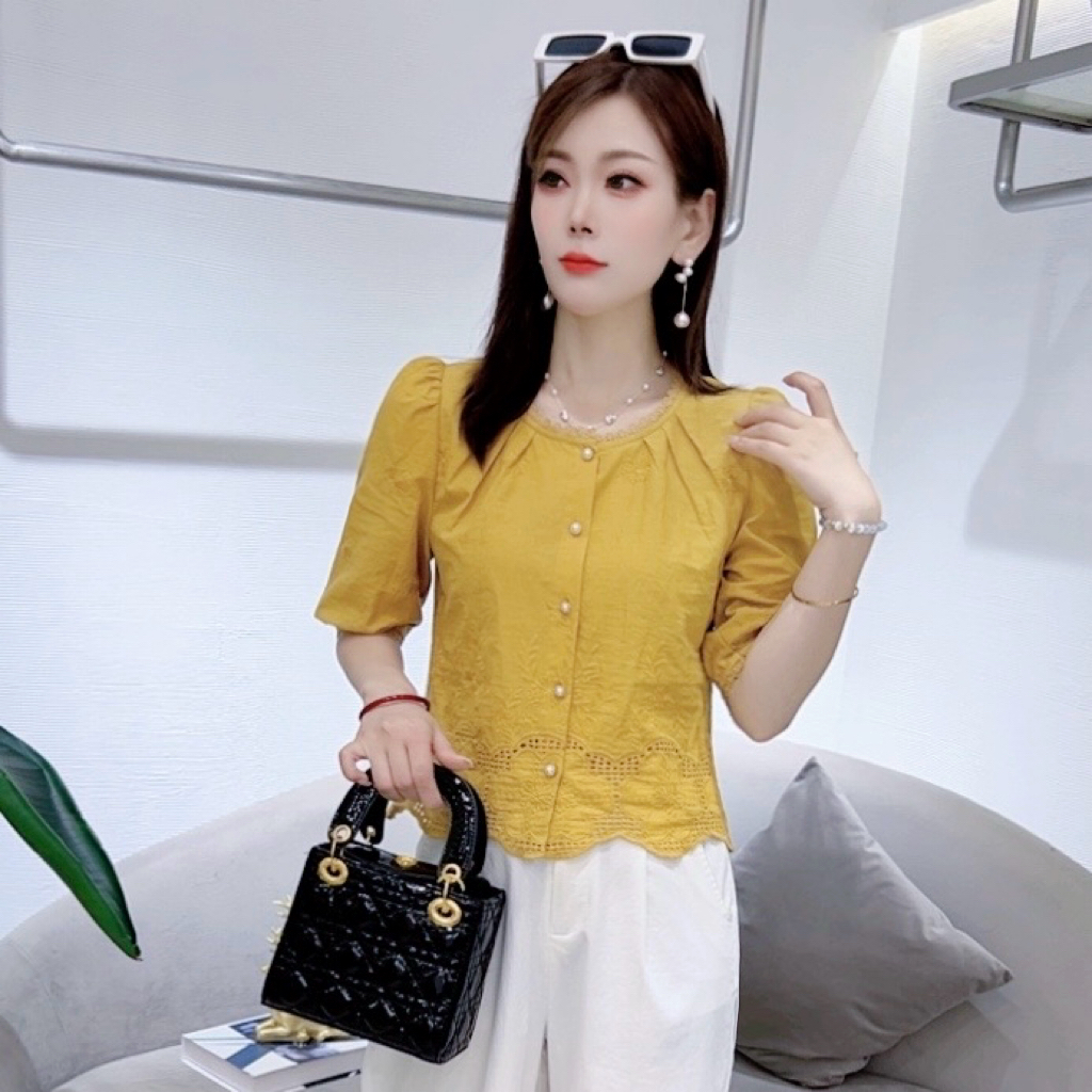 A8666夏季新款圆领衬衫女时尚洋气减龄百搭显瘦上衣