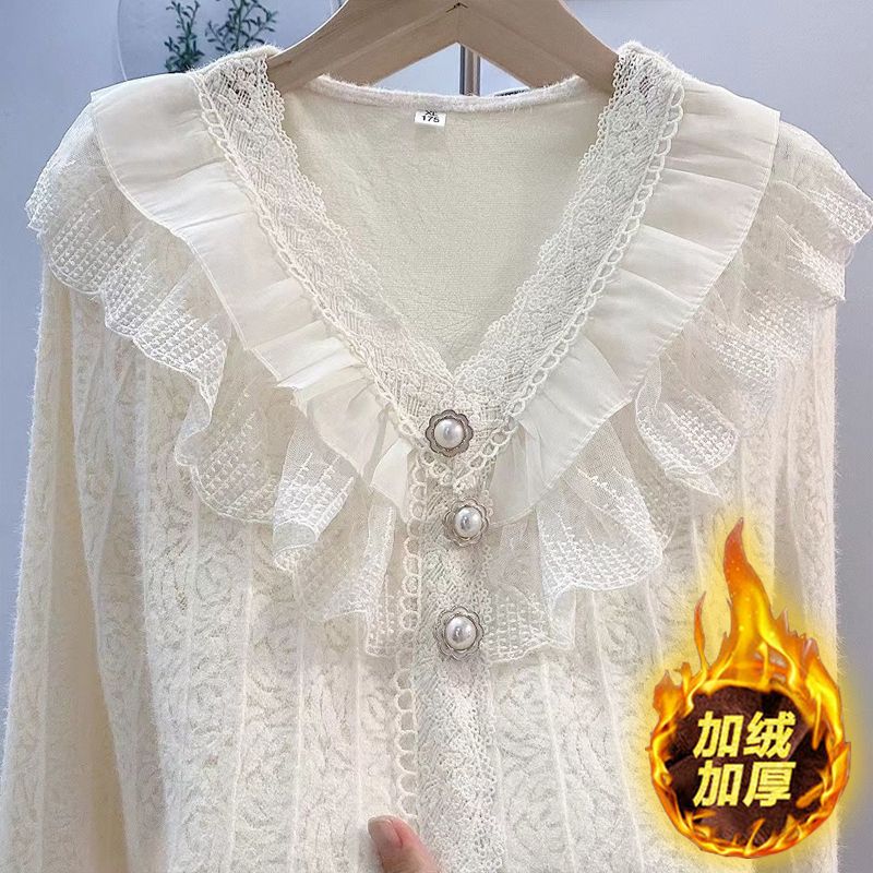 加绒加厚秋冬款蕾丝甜美衬衫女新款木耳边时尚小衫显瘦遮肉上衣
