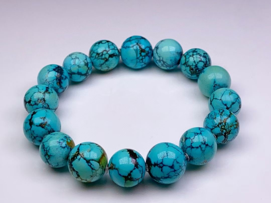 瓷釉级高瓷网花水草纹绿松石圆珠手串，直径12-13mm，原矿颗颗高瓷