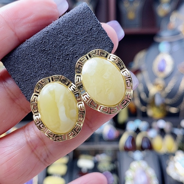 琥珀耳饰银S925镶嵌耳环