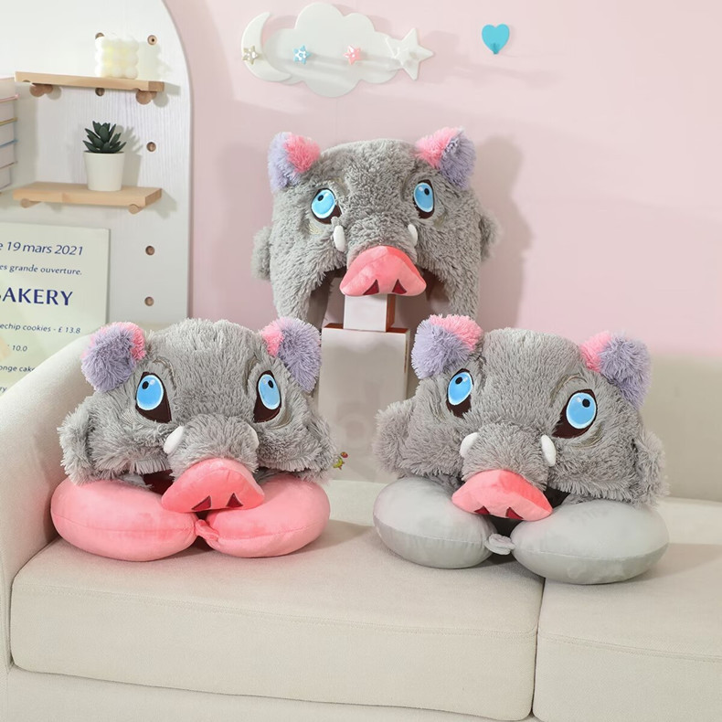 可爱卡通鬼灭嘴平伊之助连帽U型枕猪头帽子伊之助头套帽子披肩