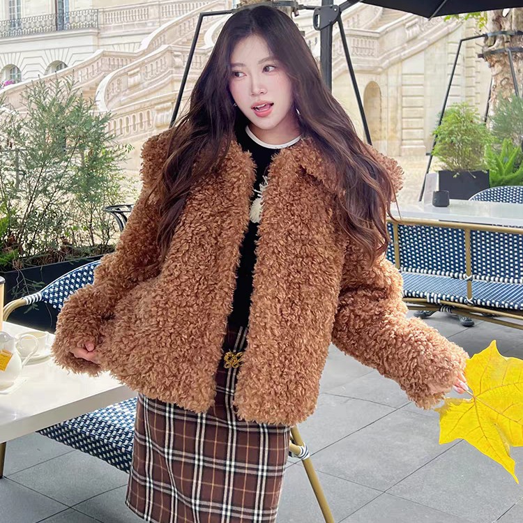 颗粒绒圆领撞色格纹内里复古短款两面穿外套