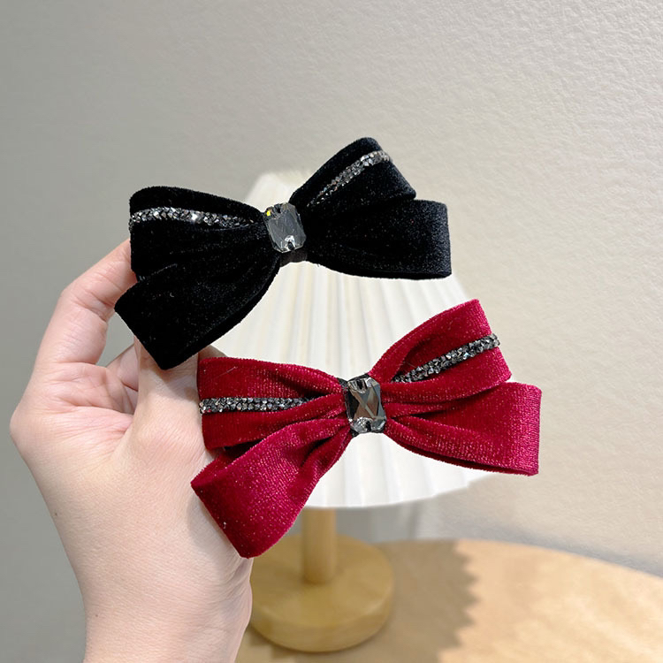 丝绒蝴蝶结发夹时尚水钻高级感弹簧夹顶夹刘海碎发边夹鸭嘴夹
