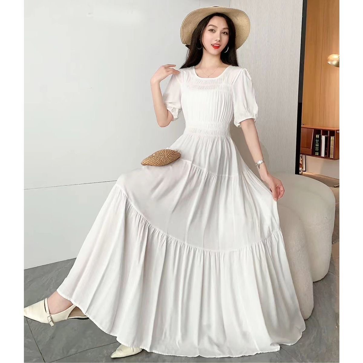 (编号111号-144号)夏季新款连衣裙短袖碎花收腰显瘦度假大摆裙子