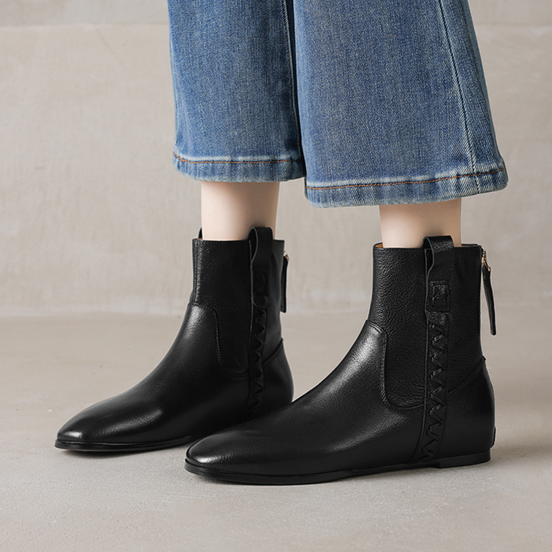 3cm/2025秋冬新款复古羊皮内增高短靴女切尔西真皮中跟女靴