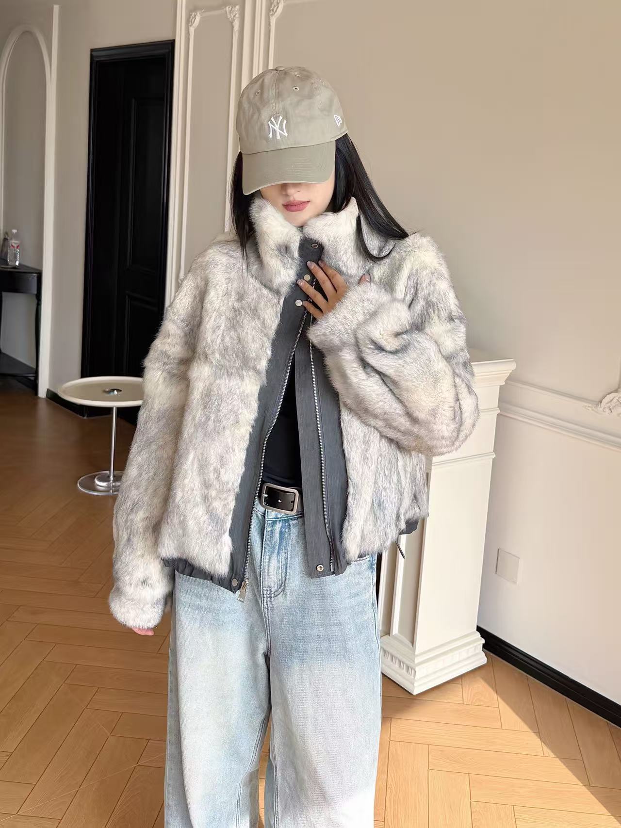 2025新款货号25783时尚常规款高级吊染安哥拉兔毛一体两面穿外套