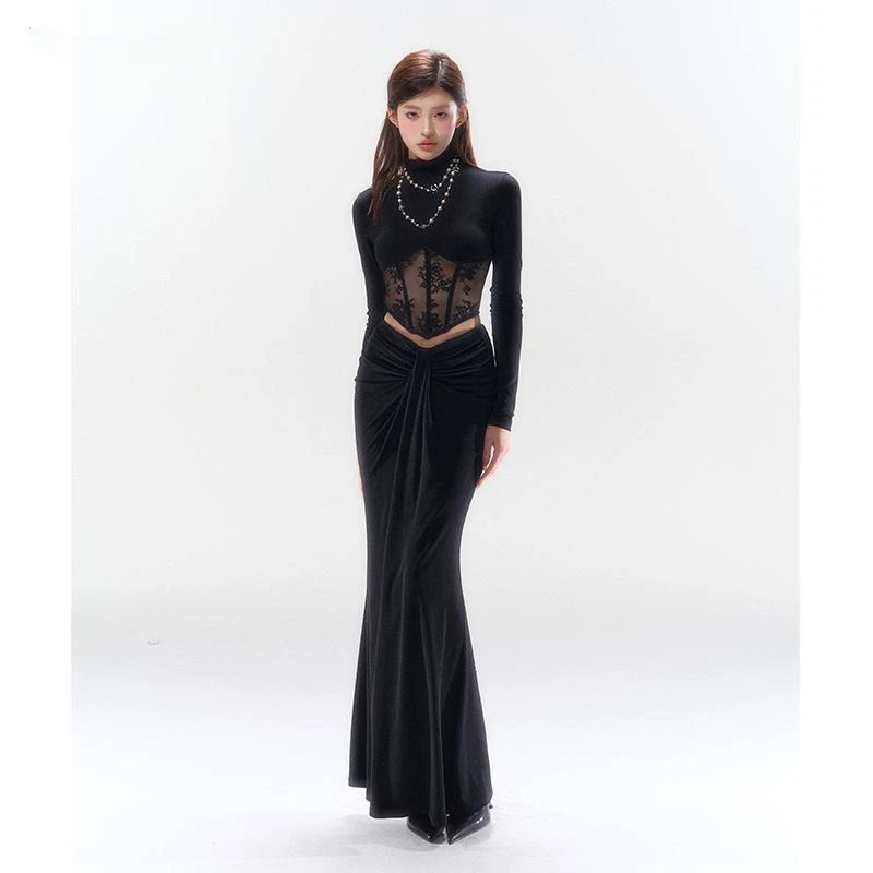 时尚套装长裙蕾丝显瘦开叉服装秋冬性感晚礼服修身