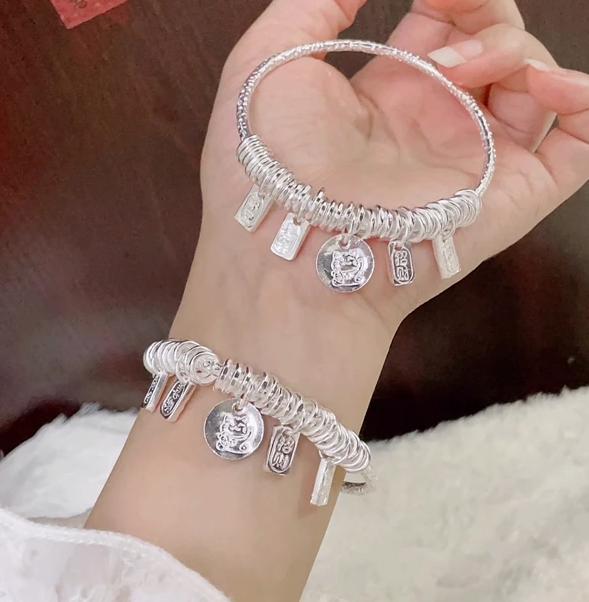 足银手镯 A46足银9999招财猫盘缠吉言平安喜乐手环招财纳福串珠镯