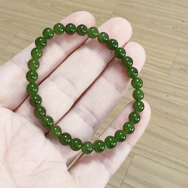 ［基地质检］和田玉碧玉卡6菠菜绿手串有矿点单圈