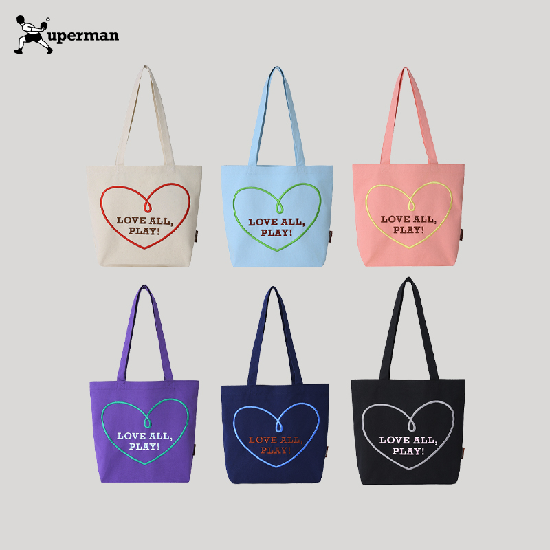 Xuperman比分单肩帆布袋大容量通勤刺绣爱心撞色手提包托特包