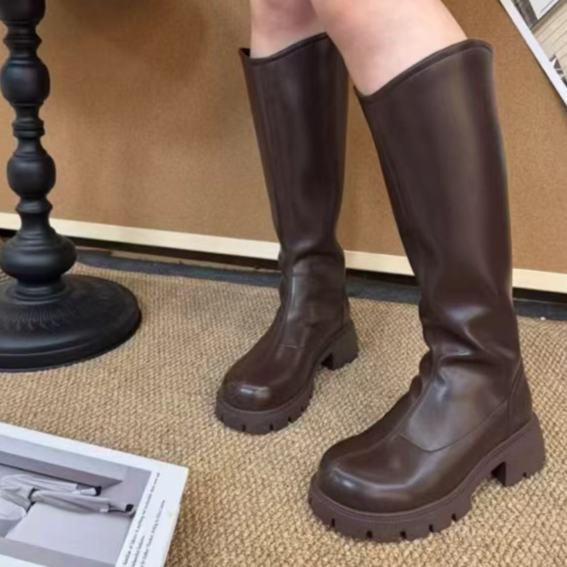 超纤皮长筒骑士靴大筒围厚底粗跟大码宽脚加肥舒适时尚百搭女鞋潮