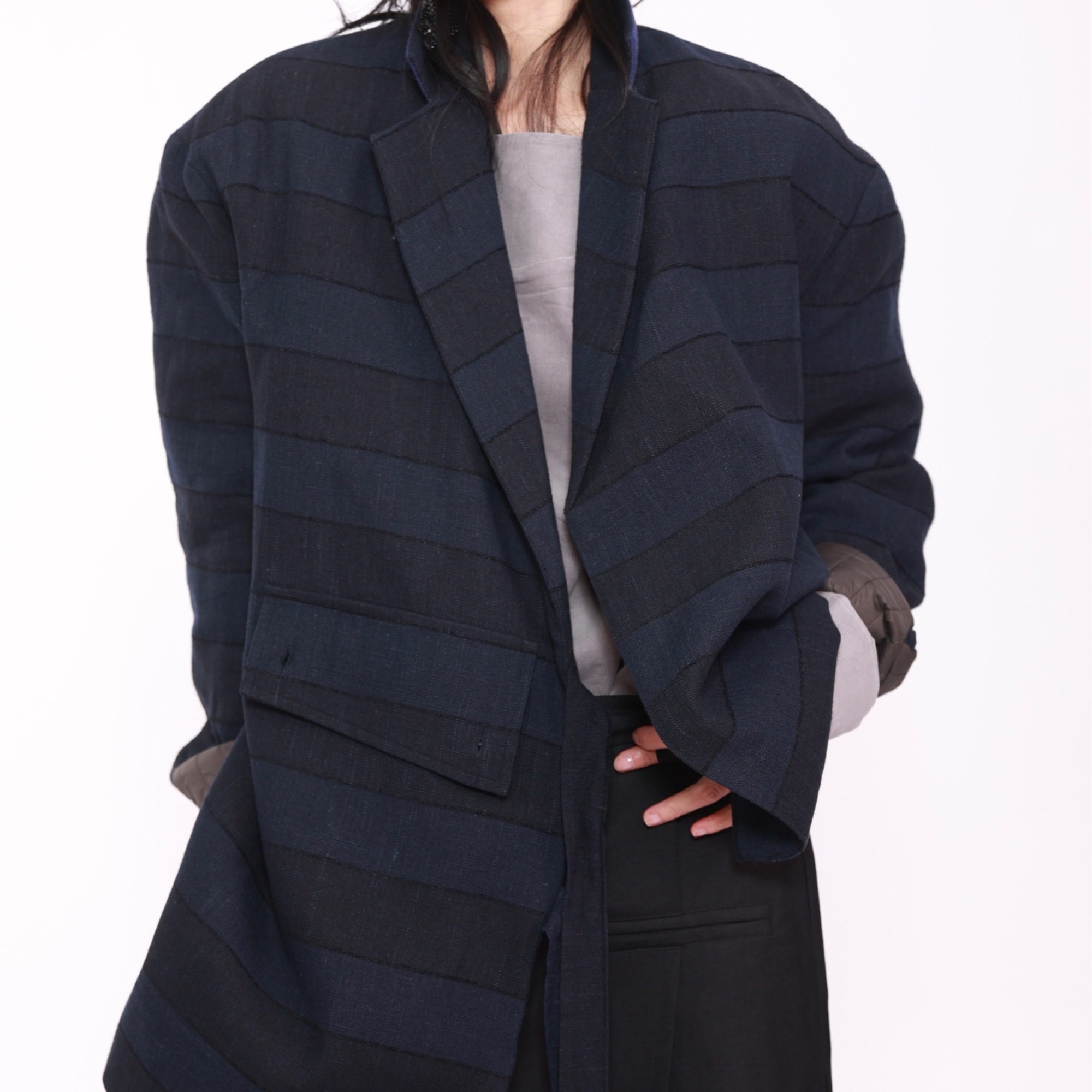 中长款不对称口袋长袖保暖西装女士复古条纹商务