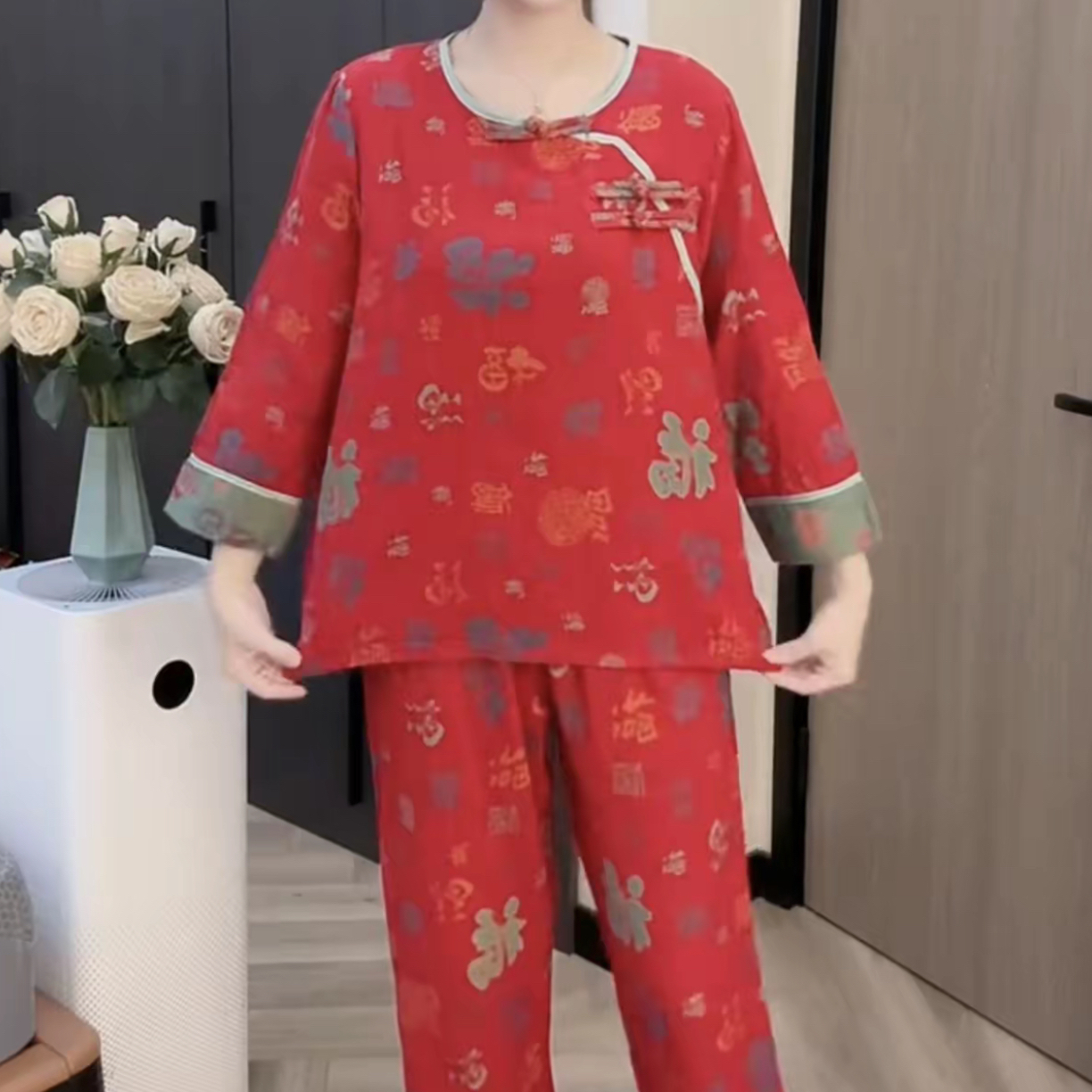 新中式双层棉纱布睡衣女本命年百福大红春秋冬季薄款家居服套装