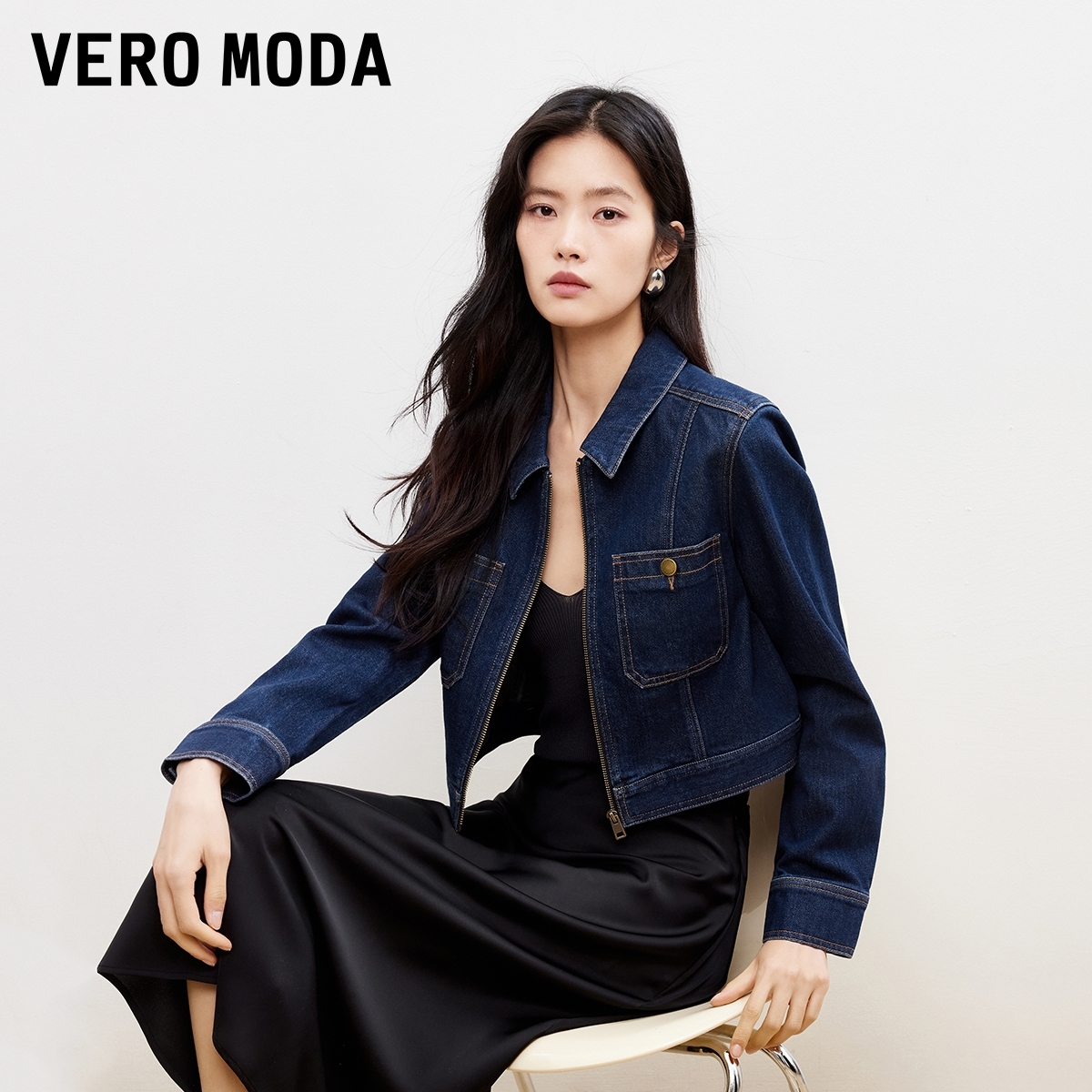Vero Moda短外套女2026春季新款含棉翻领拉链复古夹克326157004