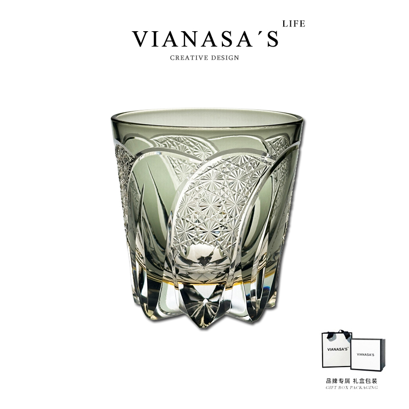 手工雕刻威士忌水晶玻璃酒杯日式江户切子风格高档送礼物