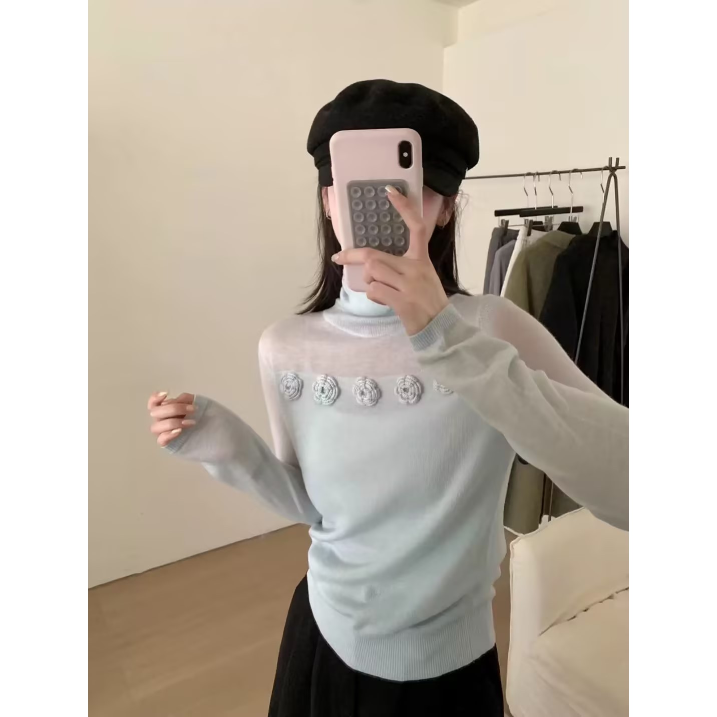 11580-2511性女人味立体花朵微透半高领打底