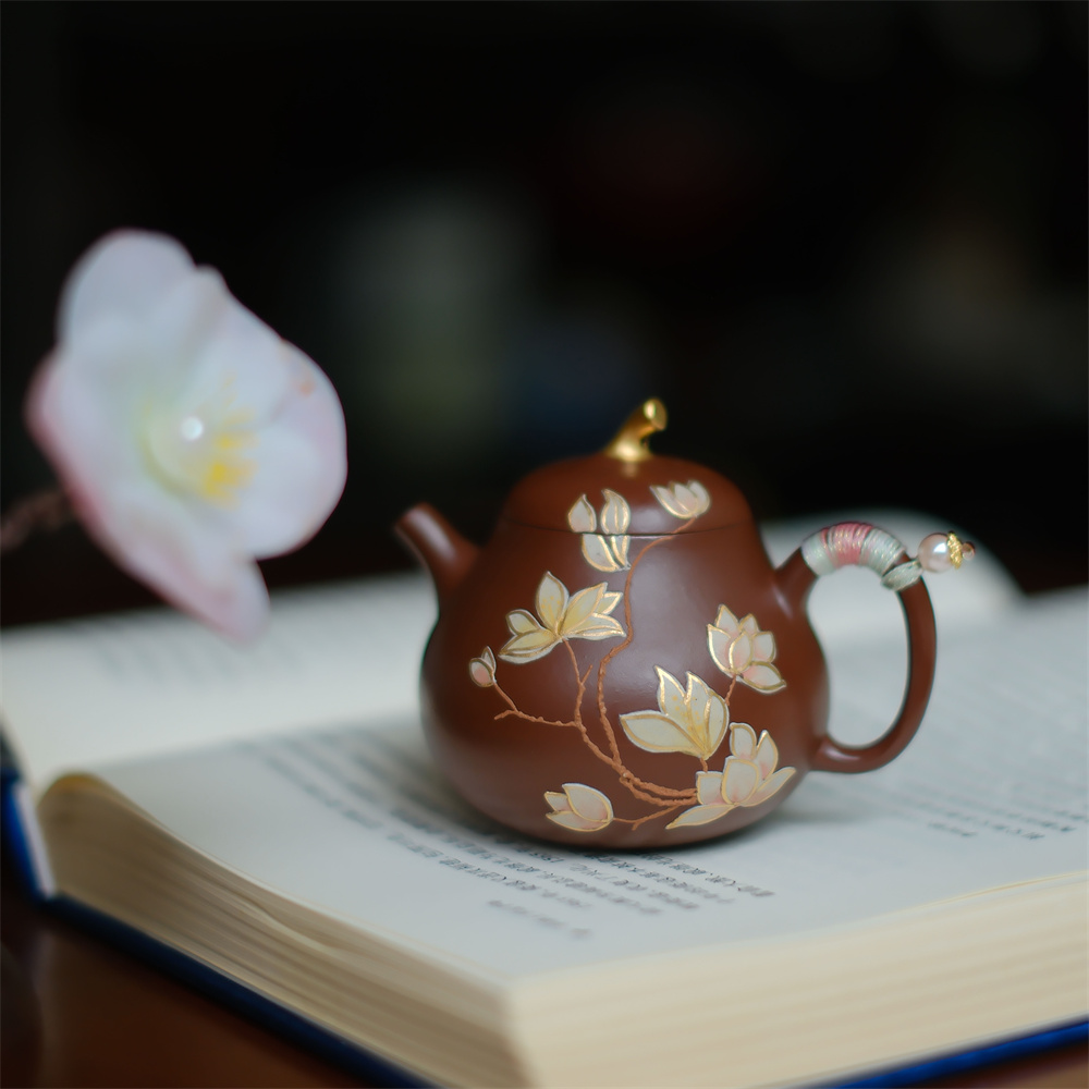 大碗茶器【素面粉黛】紫泥· 茄瓜包金·130cc·内推球孔玉兰花紫砂壶