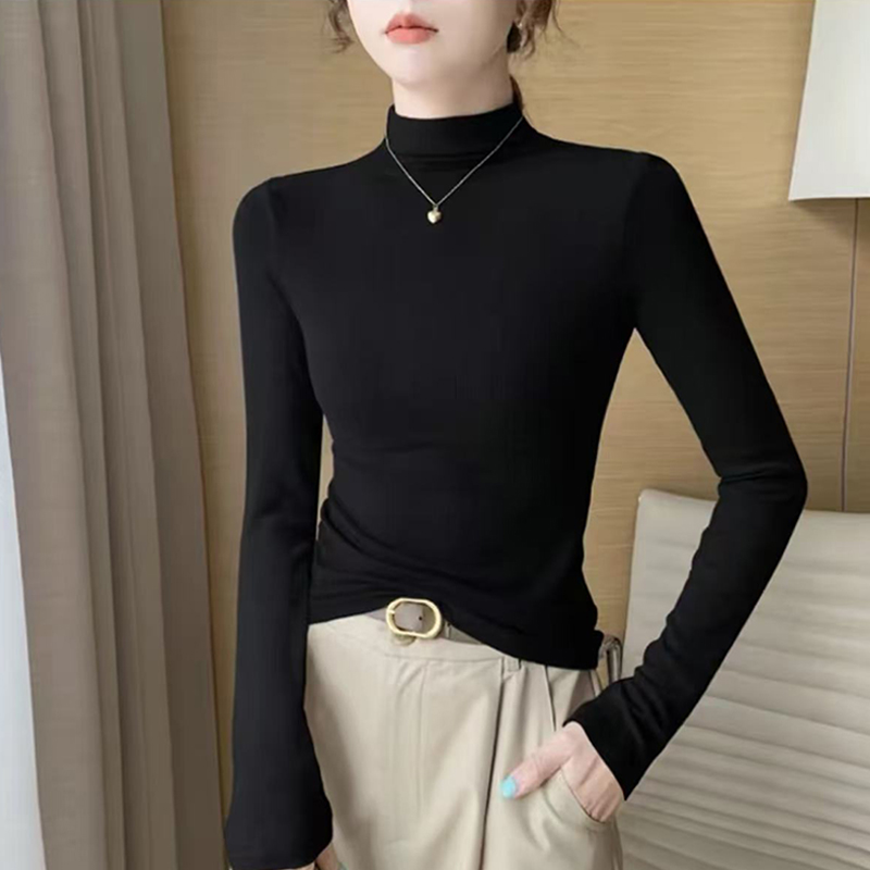 韩版秋冬季磨毛圆领打底衫宽松长袖女士德绒秋衣圆领半高领弹力