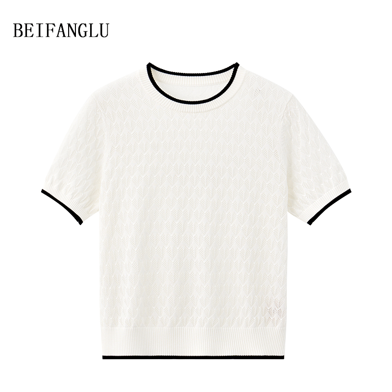 北方鹿 舒适莱赛尔醋酯桑蚕丝#春夏镂空爱心提花针织短袖女26309