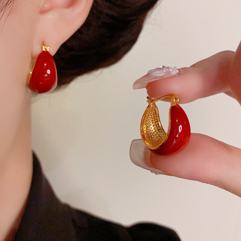 铜合金合成锆石耳饰 欧美复古港风A32红色高级感耳环气质时尚简约
