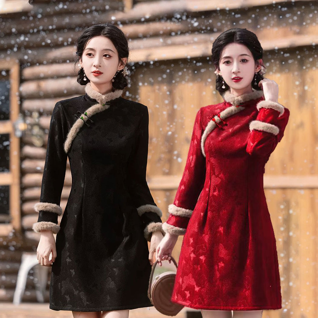 黑色冬季口袋旗袍2025年新款改良连衣裙中国风加绒加厚短款小个子