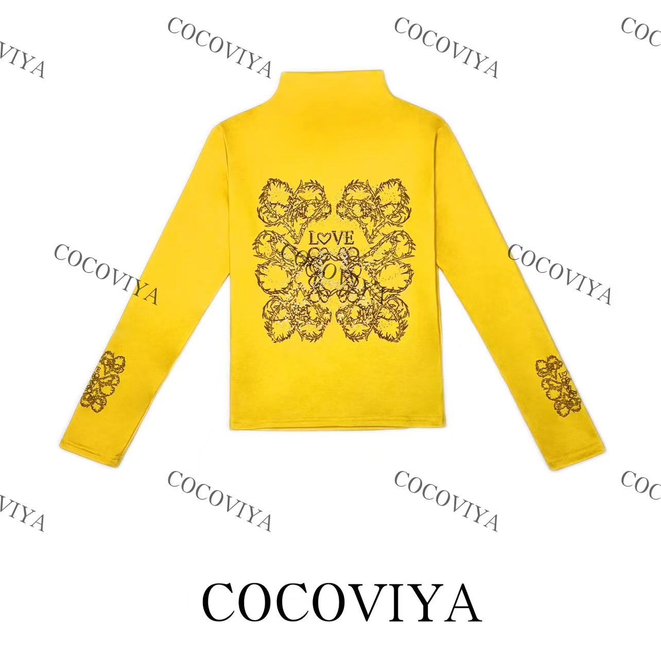 【XY】COCOVIYA加绒黄色中领LOVE对称花纹上衣 时尚设计感26C-598