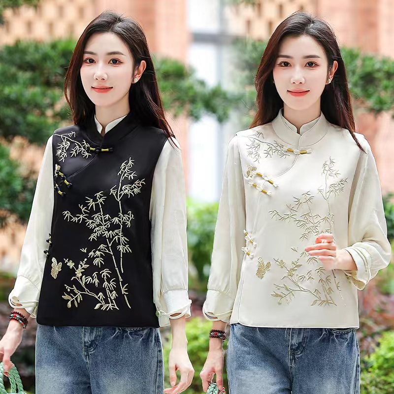 【竹君】醋酸春秋款马甲刺绣提花新中式马夹洋气百搭中国风刺绣女装