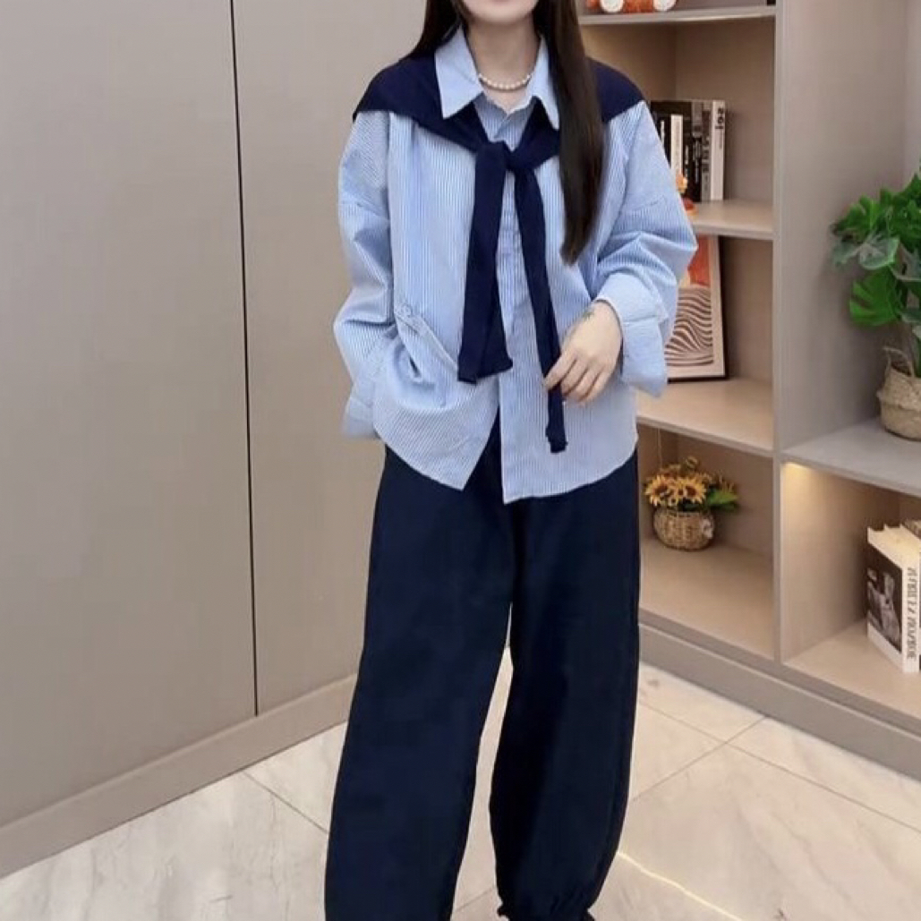 秋季新款宽松设计感条纹衬衫+披肩+裤子