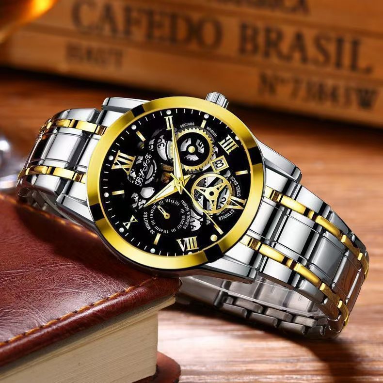 YL065-简约轻便款日历时尚腕表男士黑色间金钢带款FL 5913