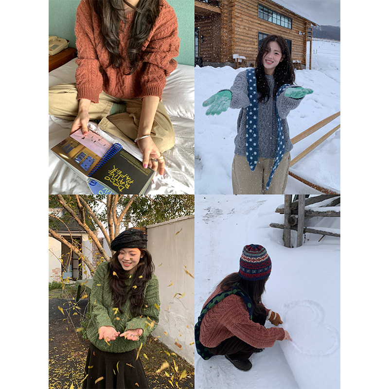 xxdeli香香的梨 复古秋冬圆领麻花宽松休闲慵懒风羊毛毛衣XL2127